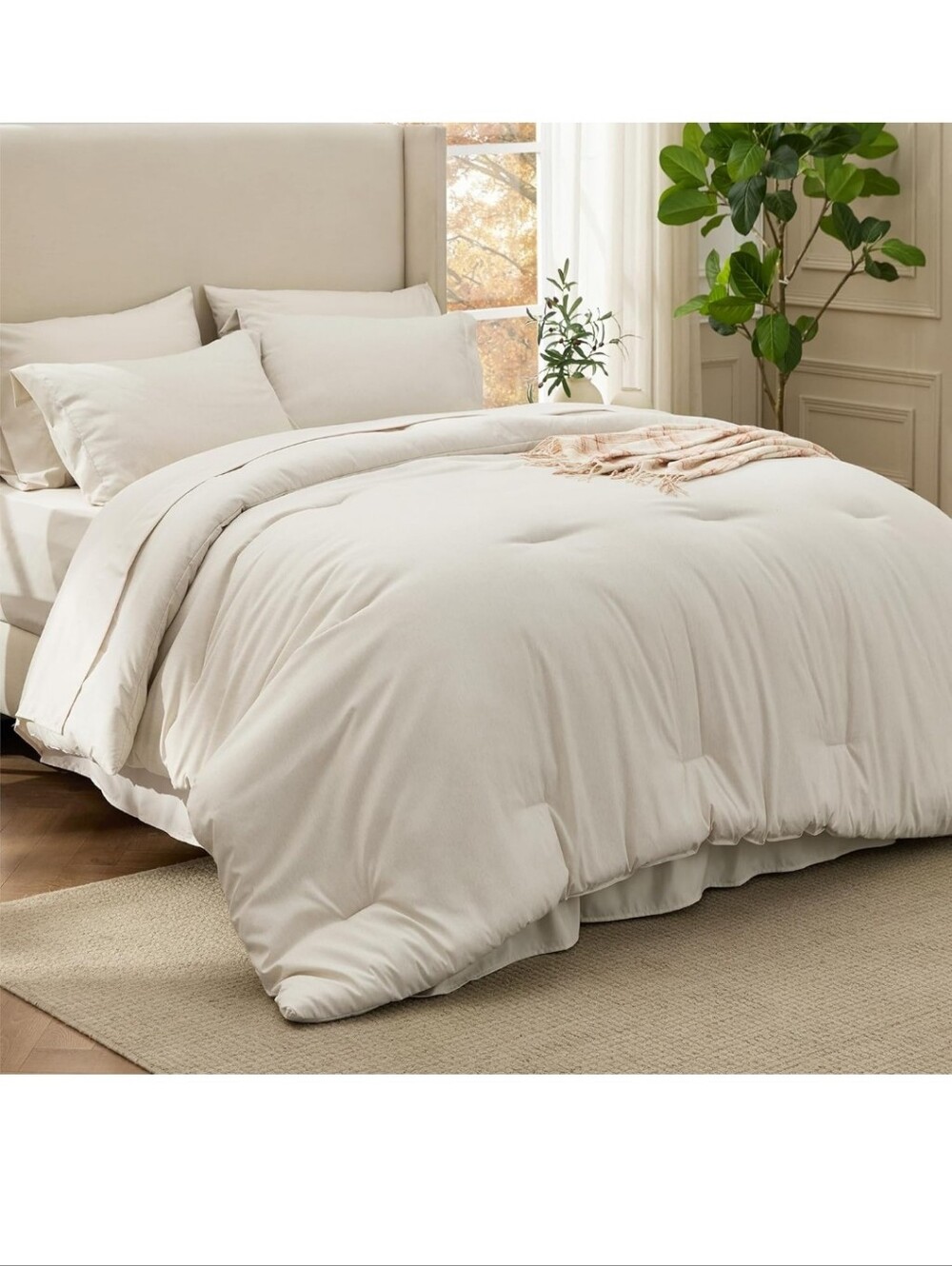 Bedsure Full Size Comforter Set Beige - Bed in a Bag  7 Pieces, Cationic Dyed